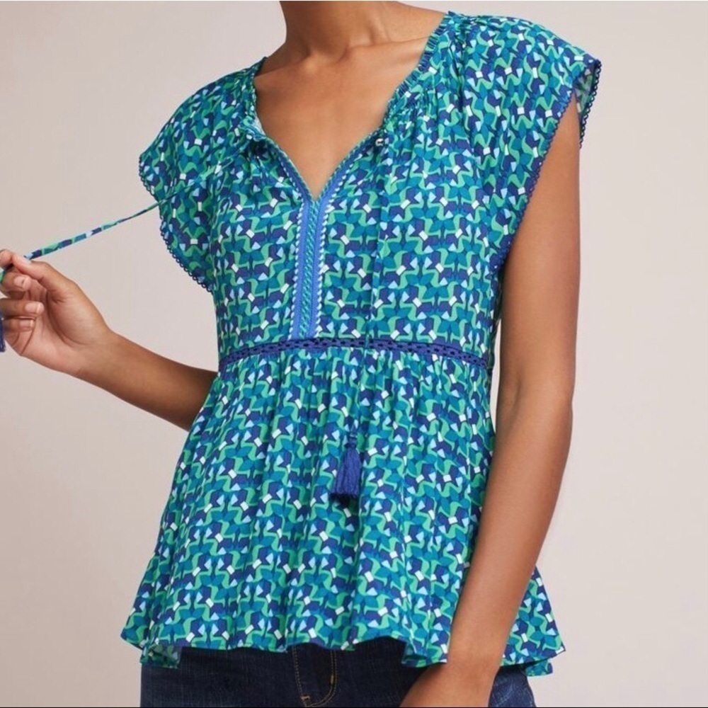 Anthropologie Blue Treme Tassel Tie Front Blouse NWT Size SP - Picture 3 of 6
